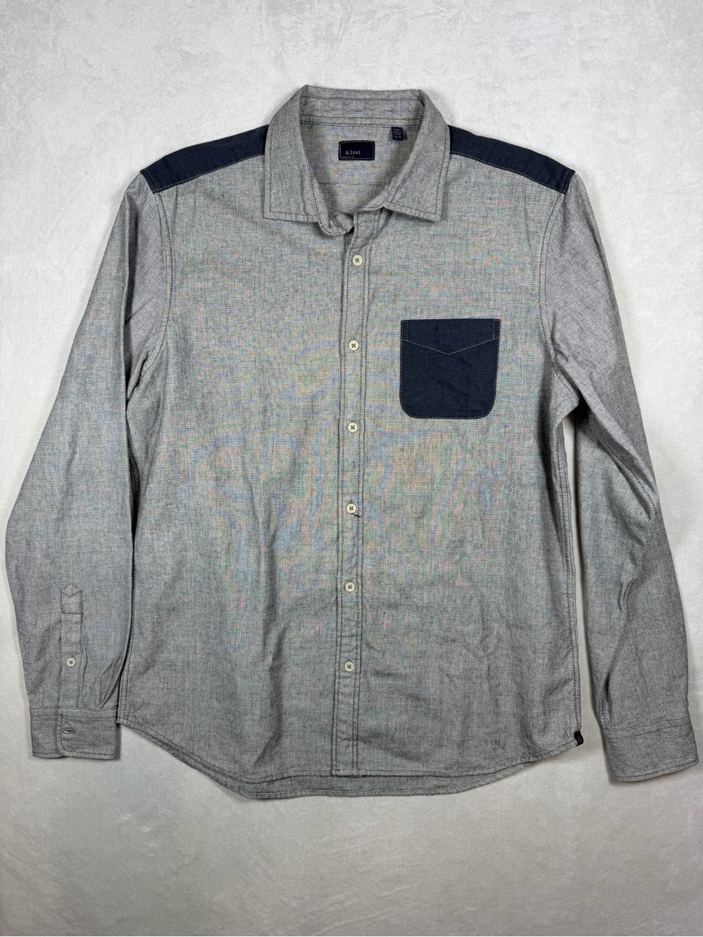 &Sons And Sons XL Gray Button-Down Shirt with Navy Shoulder Panels and Pocket